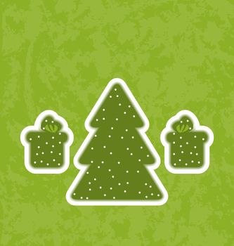 Illustration green paper cut-out christmas tree fnd gifts - vector 