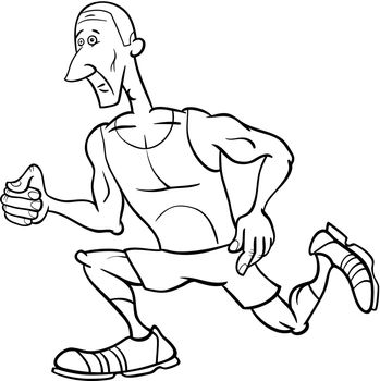 Black and White Cartoon Illustrations of Runner Sportsman or Athlete Training for Coloring Book