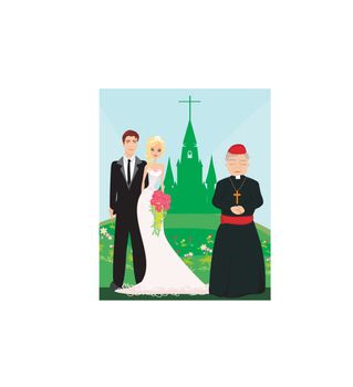 wedding couple and the priest in front of a church