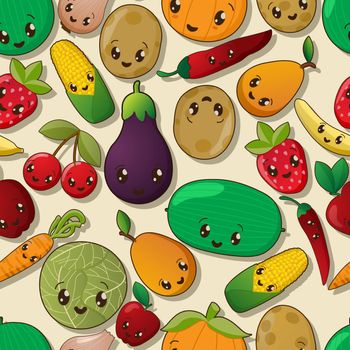 Seamless kawaii pattern with fruits and vegetables