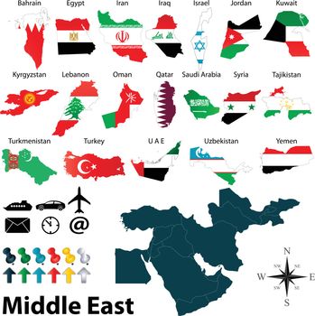 Vector of political map of Middle East set with maps and flags on white background