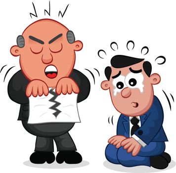 Businessman. Cartoon boss man tearing a piece of paper with an employee on his knees and crying.