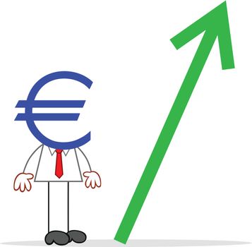 Cartoon businessman standing with euro head and euro value up.