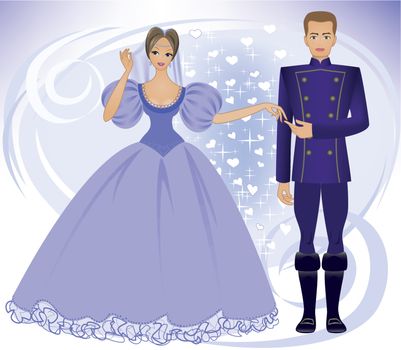 beautiful  prince and princess on an abstract blue background