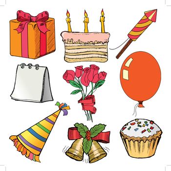 hand drawn, cartoon, sketch illustration of objects for celebration