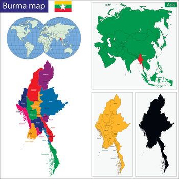 Map of Union of Myanmar (Burma) with the provinces colored in bright colors