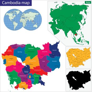Map of Kingdom of Cambodia with the provinces colored in bright colors