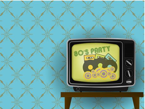 Illustration of Retro TV - 80s Party on TV - With Luxury Vintage Wallpaper in Background -