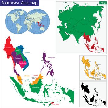 Color map of Southeastern Asia divided by the countries