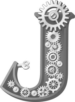 Mechanical alphabet made from gears. Letter j