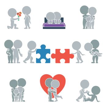 Collection of flat icons with people on the topic of relationships. Vector illustration.