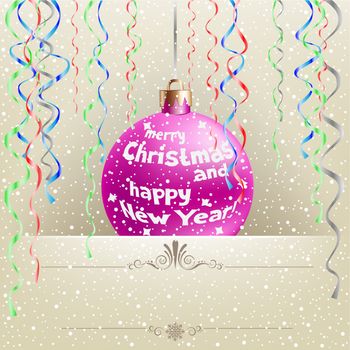 Christmas card with hanging bauble and ribbons on the light snow background