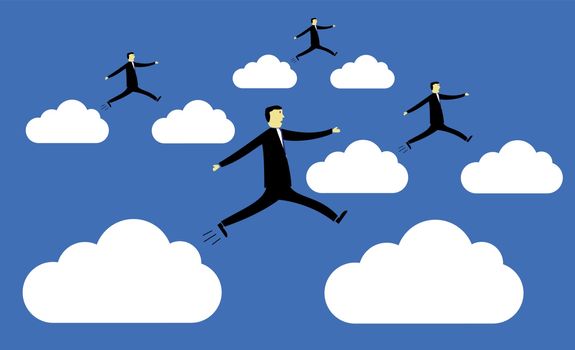 businessmen jumping from cloud to cloud from left to right