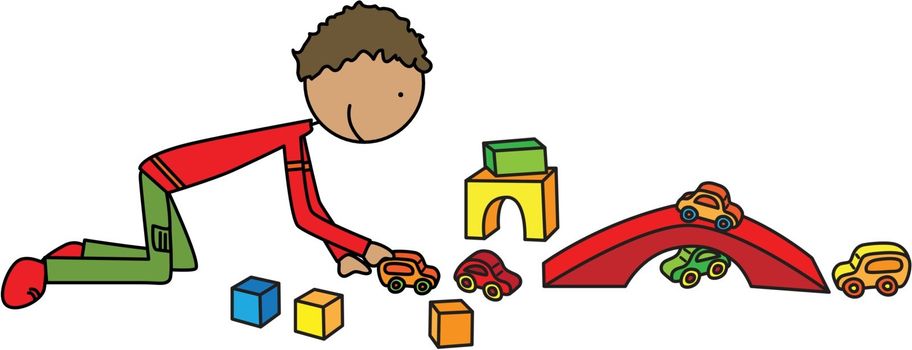 Illustration of a little boy playing with wooden blocks and cars