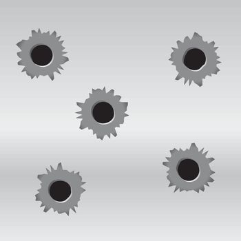 A set of 5 bullet holes on a metal background. Vector EPS 10. Bullet holes are grouped and layered from the background in the vector eps.
