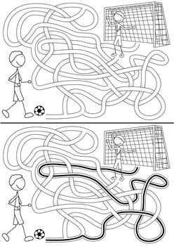 Football maze for kids with a solution in black and white