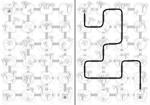 Islands maze for kids with a solution in black and white