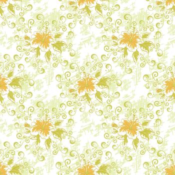 Seamless floral background, hibiscus flowers and leaves and abstract pattern. Vector