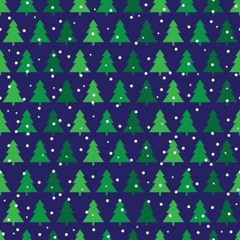 Seamless pattern made of illustrated pine trees and snow on dark blue background