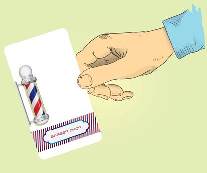 Hand holding a business card barber. Vector illustration.