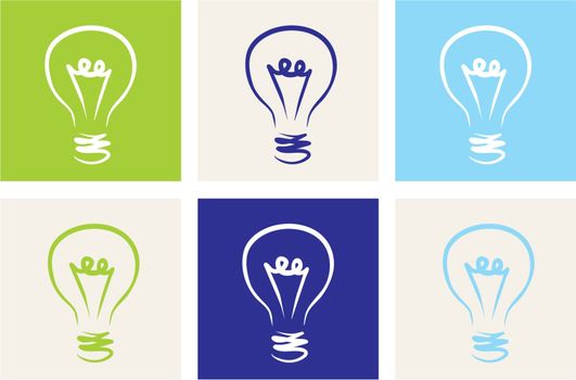 Light bulbs vector icon set on green, beige, blue and navy isolated on white background Sign or symbol of creative invention or ecology power