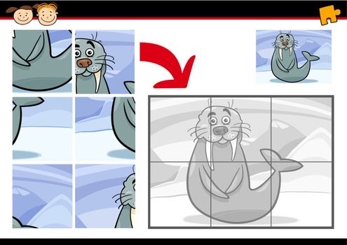 Cartoon Illustration of Education Jigsaw Puzzle Game for Preschool Children with Funny Walrus Animal