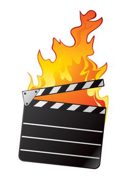 clapboard in fire isolated on white