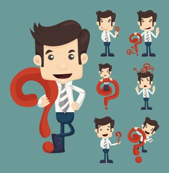 Set of businessman characters poses with question marks , eps10 vector format