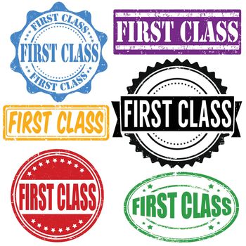 First class vintage grunge rubber stamps set on white, vector illustration