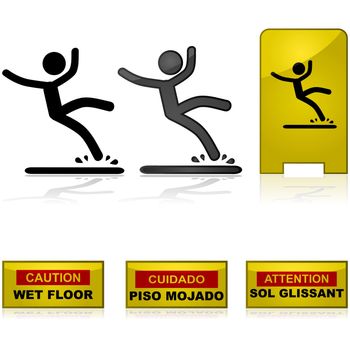 Signs showing a man falling on a wet floor and warning labels in English, Spanish and French