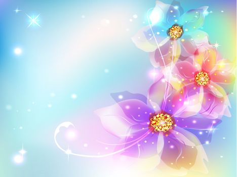 beautiful abstract background with soft bright flowers glowing stars and sparks