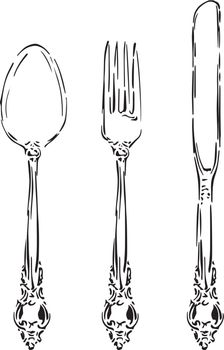 Vintage silverware is hand drawn and live traced. Fills and outlines are separate groups, colors can be changed easily.