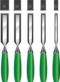 Set of wood chisels equipped with protective caps. Vector illustration.