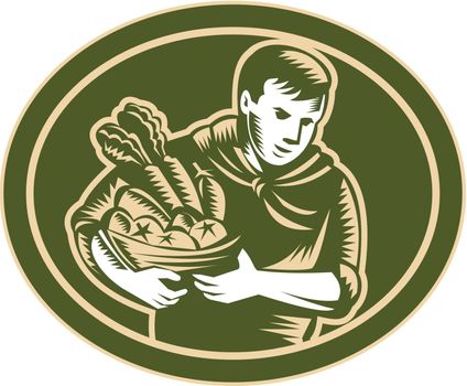 Illustration of male organic farmer gardener horticulturist  with basket full of crop harvest, fruits and vegetables set inside oval done in retro woodcut style.