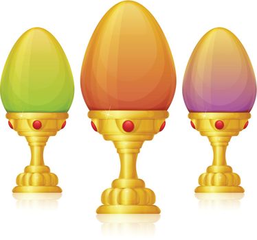 colored Easter eggs in a golden goblet on white background