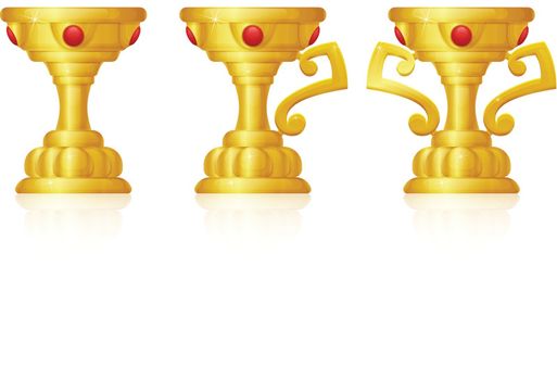 three golden goblet with precious stones and a reflection underneath on white background