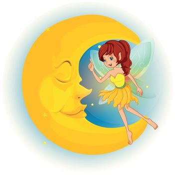 Illustration of a fairy with a yellow dress beside a sleeping moon on a white background