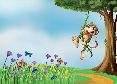 Illustration of a monkey hanging on a vine plant