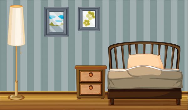 Illustration of a bed and a lamp in a room