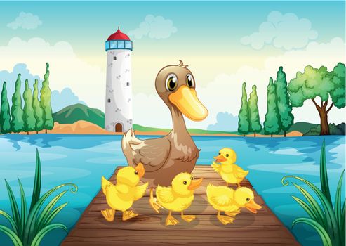 Illustration of a mother duck with four baby ducks in the wooden bridge