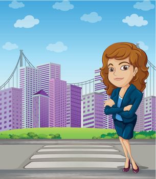 Illustration of a businesswoman with a formal attire standing at the pedestrian lane