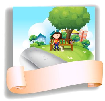 Illustration of a girl at the bench with her pet at the back of an empty template on a white background