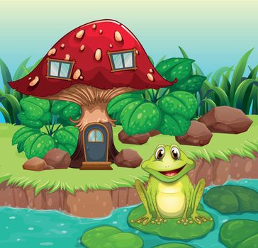 Illustration of a frog above a waterlily in front of a mushroom house
