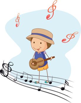Illustration of a kid playing with a guitar on a white background