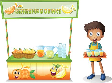 Illustration of a boy with a stall of refreshing drinks on a white background