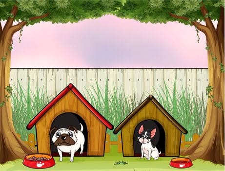 Illustration of the two pets inside the fence with wooden houses
