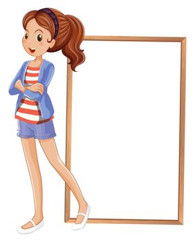 Illustration of a girl beside an empty rectangular frame on a white background
