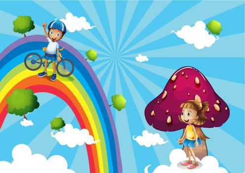Illustration of a boy biking in the rainbows