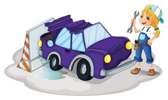 Illustration of a woman fixing the violet car on a white background