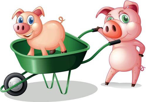Illustration of the two pigs with a green cart on a white background